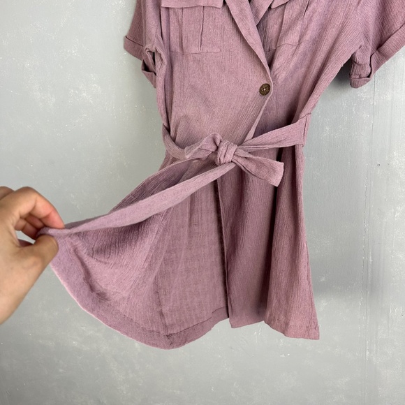 Free People size L mini wrap dress purple short sleeve cotton linen blend NEW - Picture 4 of 14